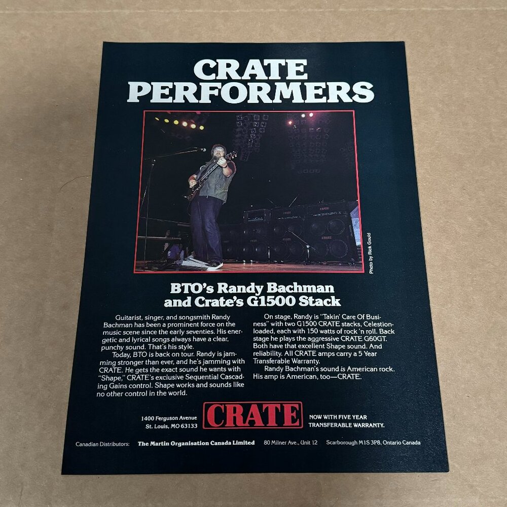 Randy Bachman of Bachman Turner Overdrive BTO - Crate Amps - 1986 Print Ad